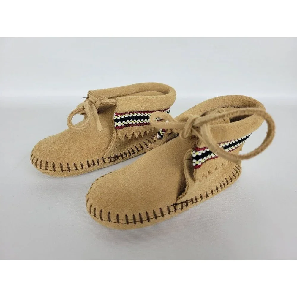 Minnetonka Moccasins 1101‎ - Infants Braid on Cuff Bootie Tan Suede Leather sz 5